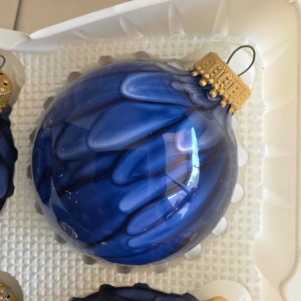 VTG Christmas by Krebs Cobalt Blue Drip Marbled Glass Ornaments Set of 6 2.5in